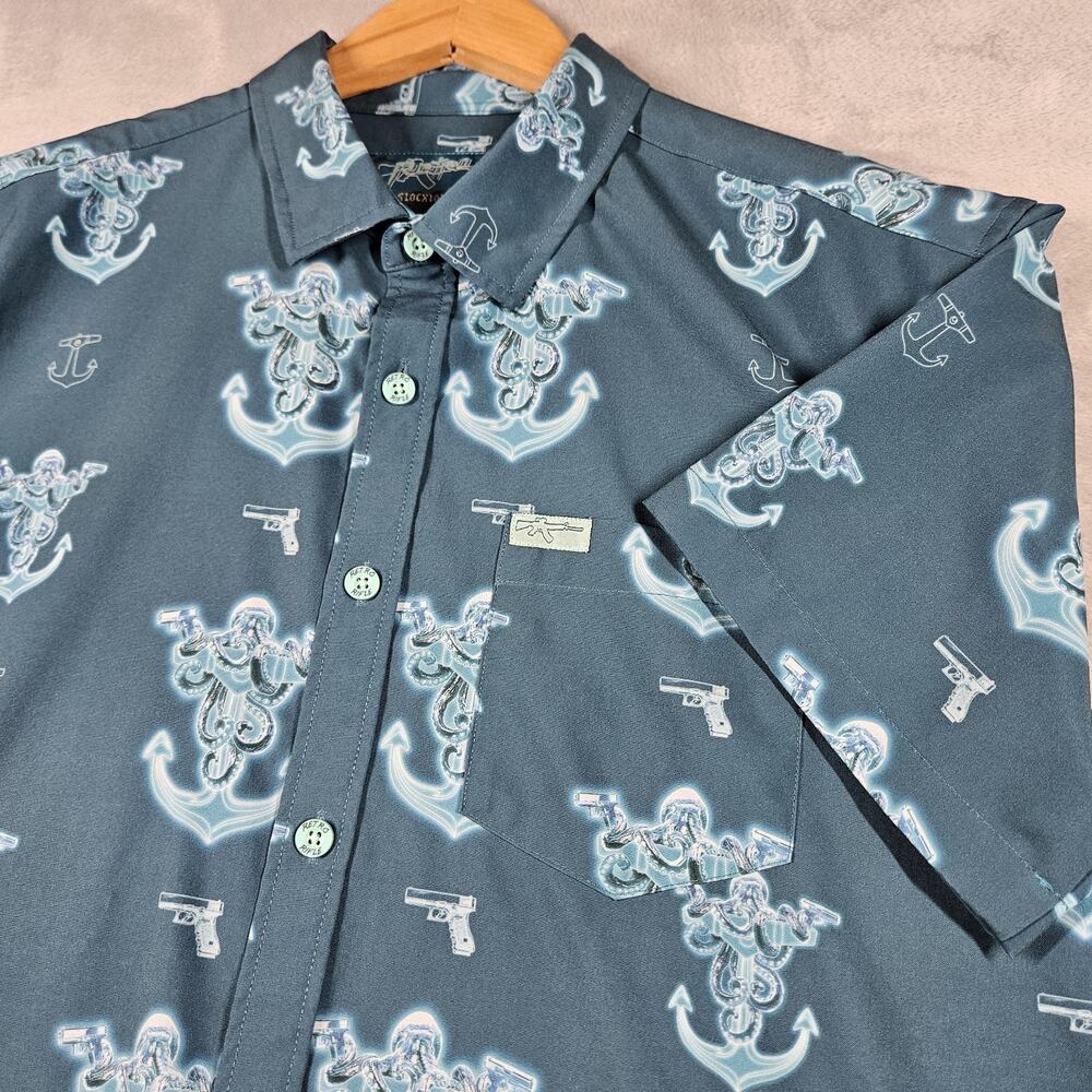 Retro Rifle Shirt Mens Medium Teal Glocktopus Hawaiian Naval Anchor Stretch
